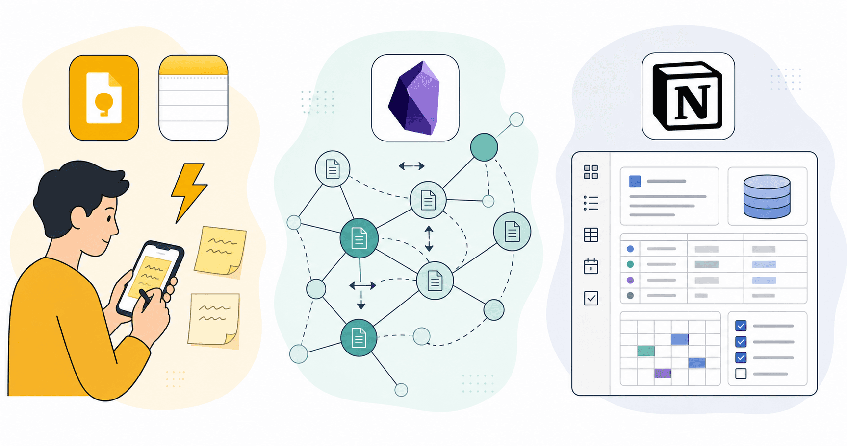 Three distinct visual zones from left to right: a capture-first zone with a phone, sticky notes, and lightning bolt icon; a connection-first zone with linked network nodes and bidirectional arrows; and an active workspace zone with a structured dashboard, databases, and calendar blocks, each with a soft color background in warm amber, cool teal, and muted navy