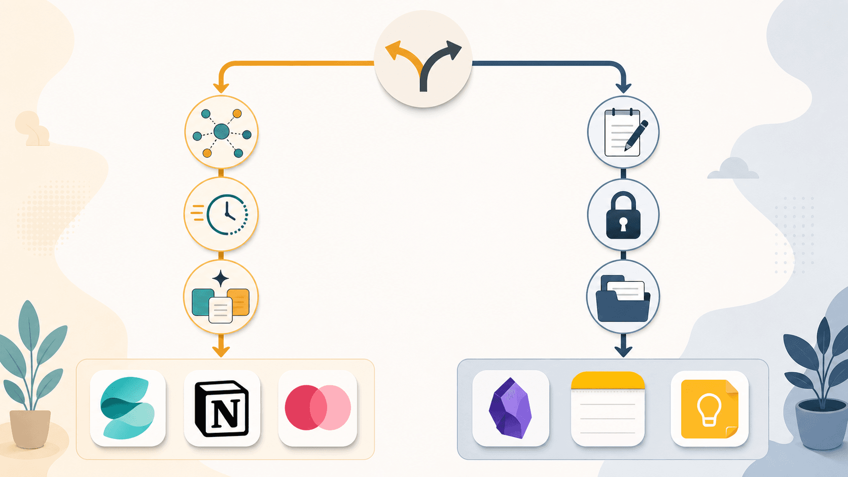 A two-path decision flowchart illustration: left path shows AI pays off with cross-project connection and synthesis icons pointing to Storyflow/Notion/Mem in warm amber and teal, right path shows AI wastes money with quick capture and privacy icons pointing to Obsidian/Apple Notes/Google Keep in cool slate and navy