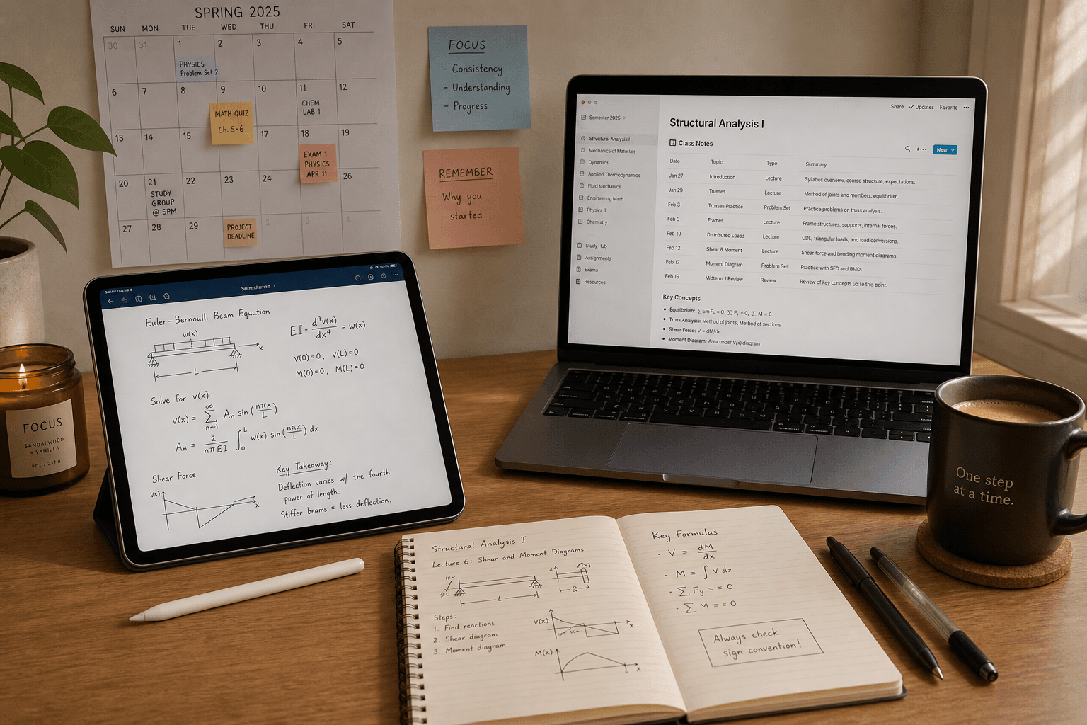 A warm-toned flat-lay study desk with an iPad showing handwritten STEM equations, an Apple Pencil, a laptop displaying a digital notes interface, a physical notebook, and a coffee mug.