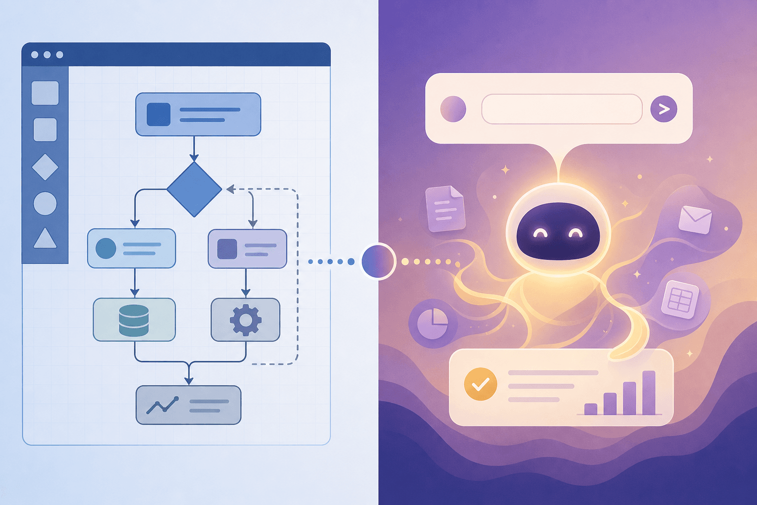 A split-composition flat vector illustration showing two AI automation approaches side by side. Left half: connected geometric nodes and arrows in cool blues and grays representing a traditional workflow builder interface. Right half: a chat-like input box with a glowing organic AI assistant icon in warm purples and golds representing natural-language delegation. A dotted bridge connects the two sides at center.