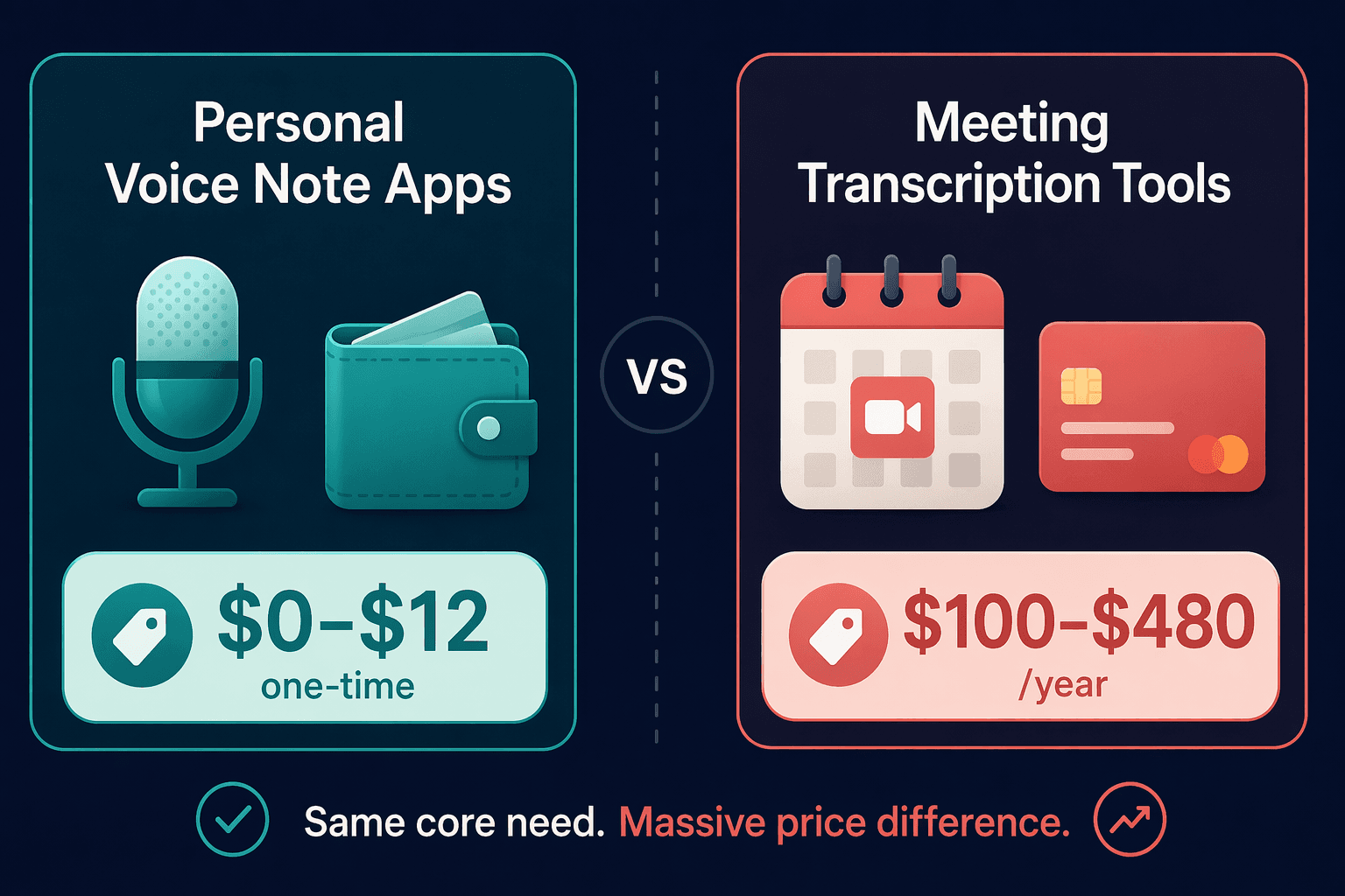 Two-column price comparison illustration with 'Personal Voice Note Apps' on the left showing a microphone-and-wallet icon and a '$0–$12 one-time' price tag in teal, and 'Meeting Transcription Tools' on the right showing a calendar-video-call icon and a '$100–$480/year' price tag in muted coral.