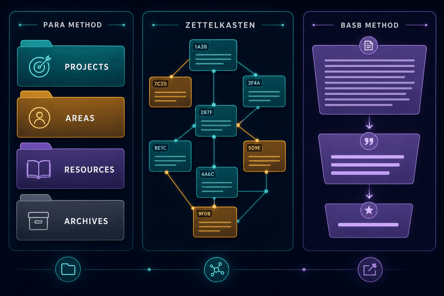 A flat vector editorial illustration with three panels comparing PKM methodologies: PARA shown as four stacked buckets, Zettelkasten shown as linked atomic note cards in a branching graph, and BASB shown as a layered funnel with progressive summarization.