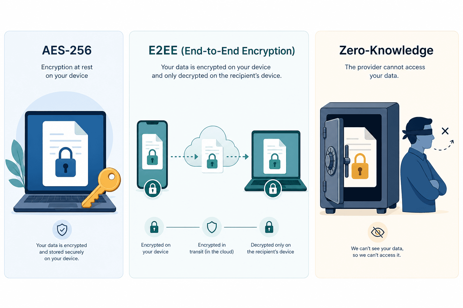 Three-panel illustration comparing AES-256, end-to-end encryption, and zero-knowledge encryption models.
