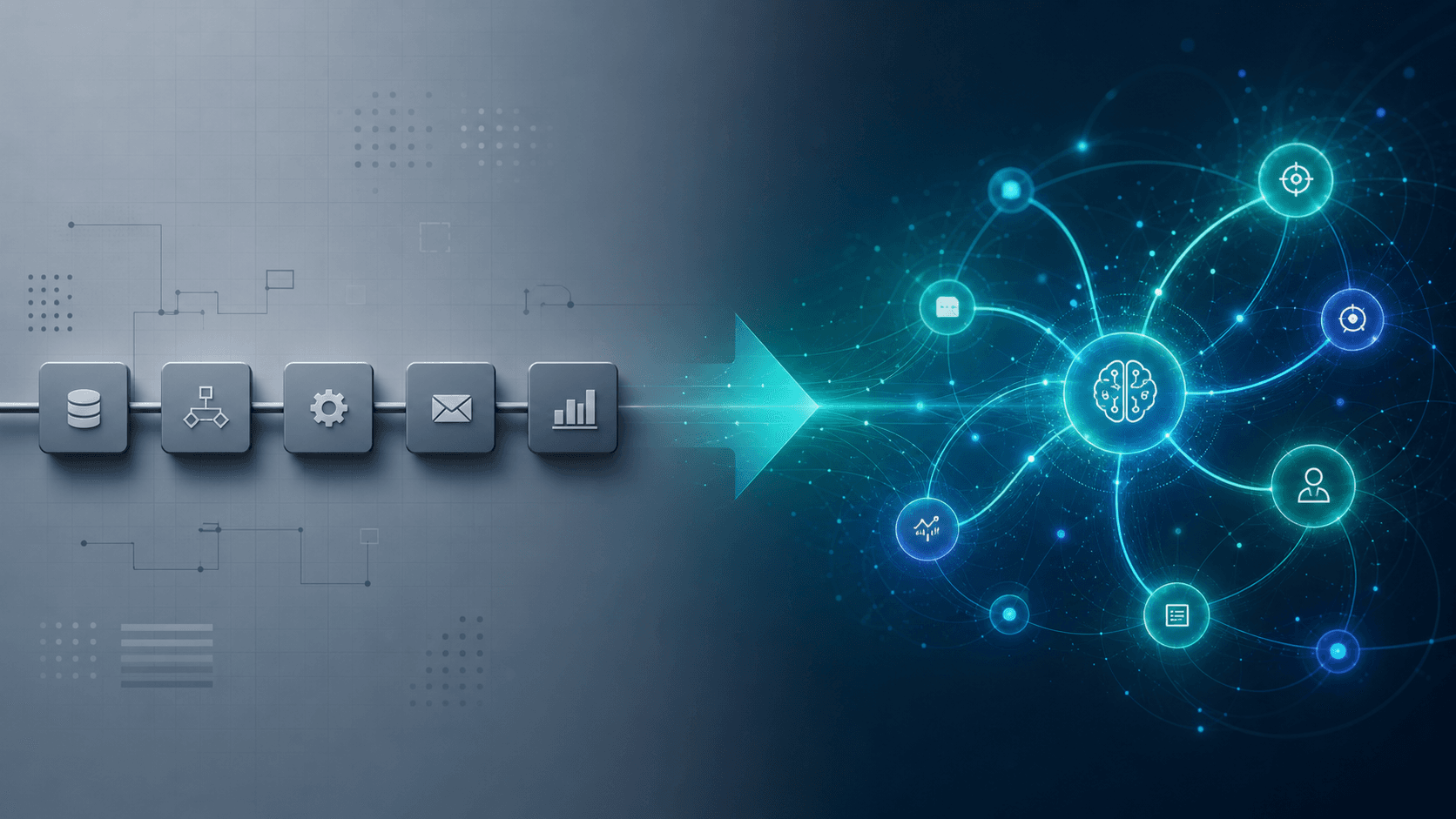 A horizontal split editorial illustration showing rigid linear chain-linked boxes on the left representing traditional task automation, and a dynamic constellation of glowing intelligent nodes on the right representing autonomous AI agents.