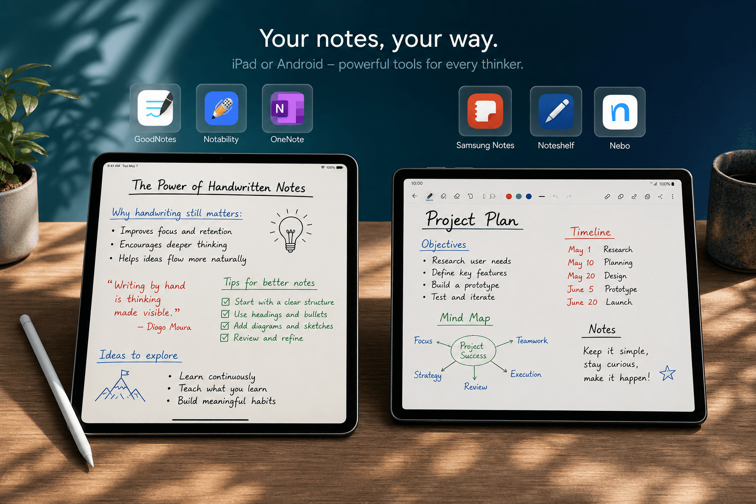 Flat-lay composition on a wooden desk surface showing a stylus resting diagonally between an iPad and an Android tablet, each displaying handwritten notes in multiple ink colors. Semi-transparent app icons for GoodNotes, Notability, OneNote, Samsung Notes, Noteshelf, and Nebo float above each tablet.