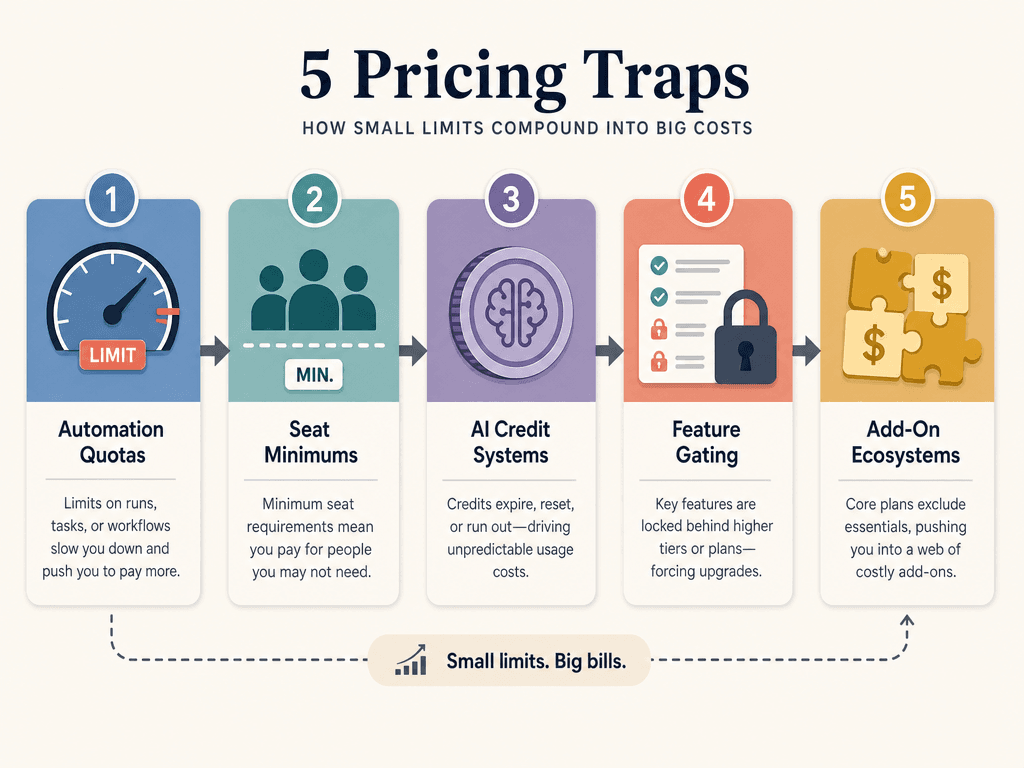 Five numbered card-style panels representing the five pricing traps: Automation Quotas, Seat Minimums, AI Credit Systems, Feature Gating, and Add-On Ecosystems.
