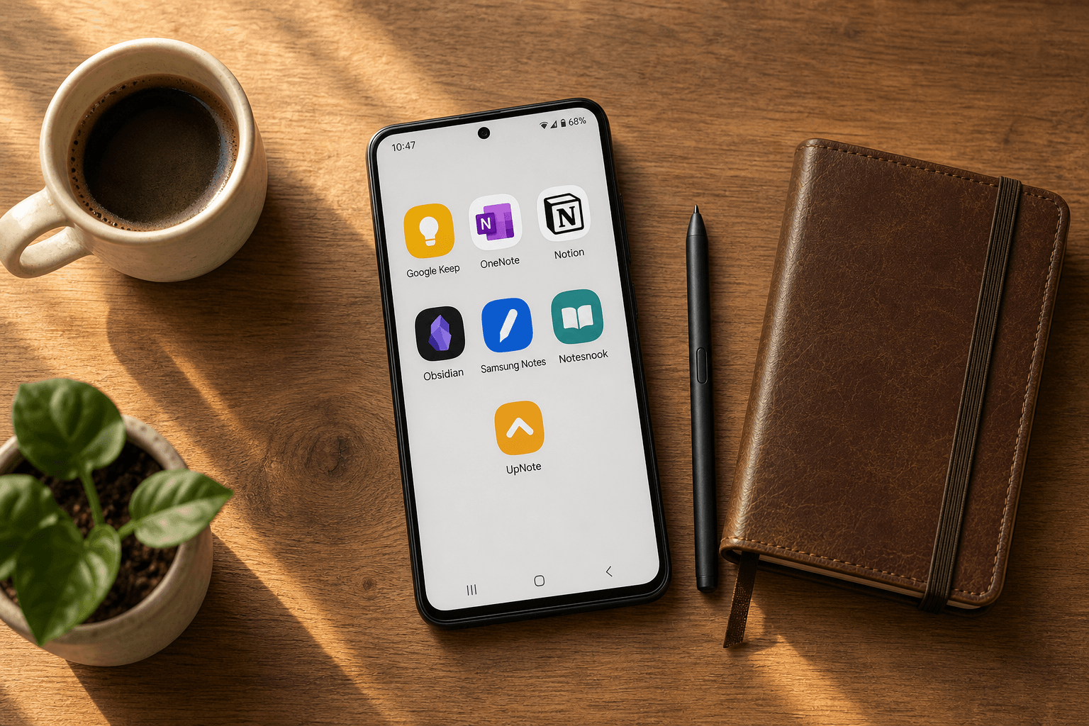 Top-down flat-lay on a warm wooden desk: an Android phone at center shows a grid of colorful note-taking app icons, surrounded by a dark stylus pen, a brown leather notebook with elastic band, and a white coffee cup.