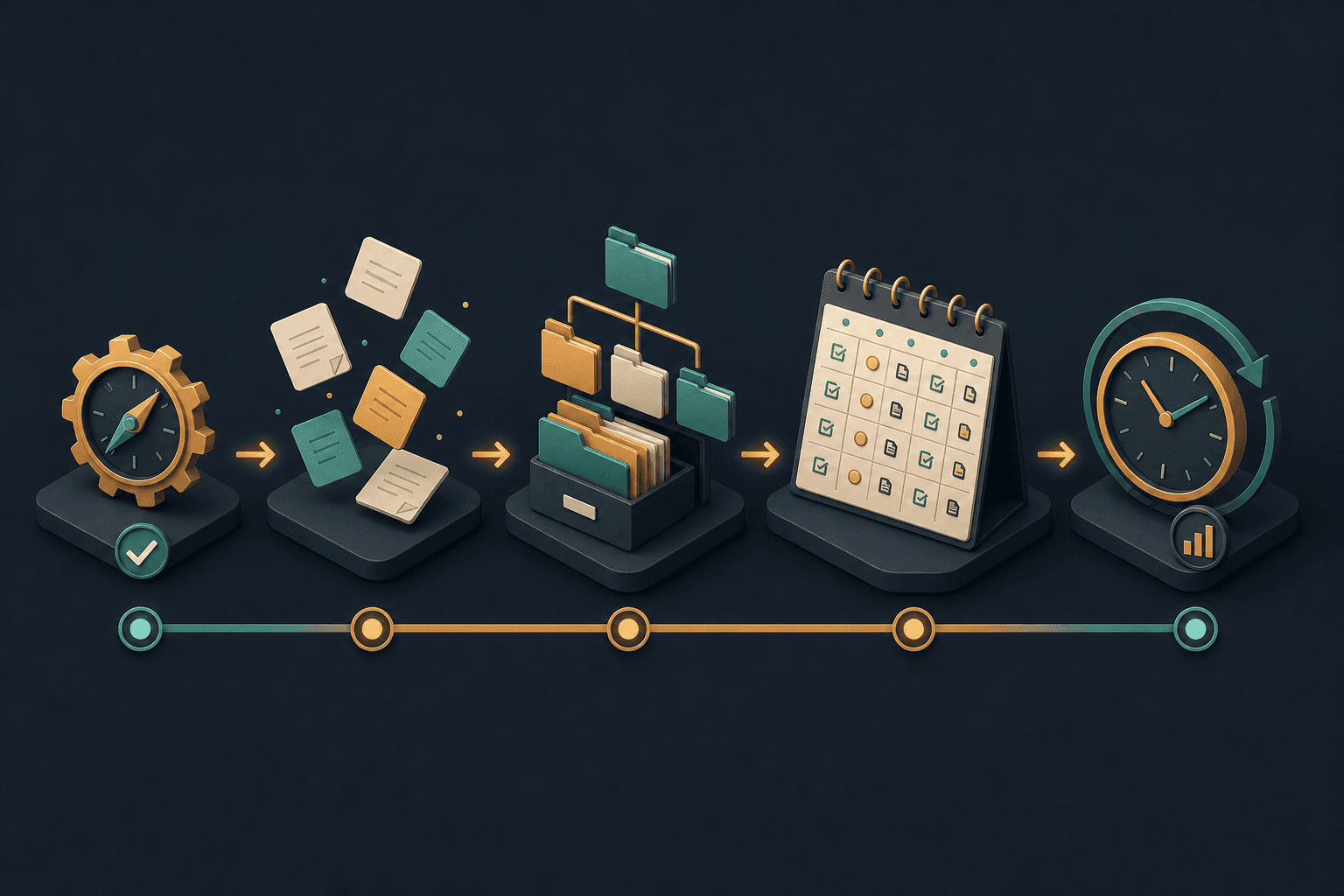 Horizontal timeline infographic on a dark slate background showing five progressive phases from left to right: a single tool icon with checkmark, scattered floating note cards for free capture, arranged folder structure, a calendar with three daily icons, and a clock review symbol, connected by arrows in amber and teal.