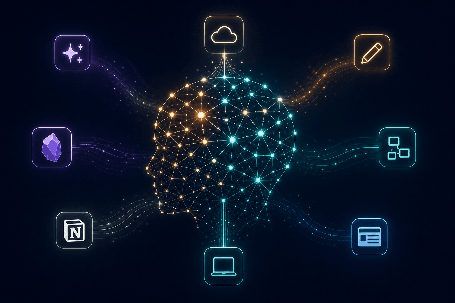 A dark navy illustration showing a human silhouette head as a network of glowing amber and teal connected nodes, with app icons for Obsidian, Notion, Logseq, and Heptabase orbiting around the edges feeding into the neural network structure.
