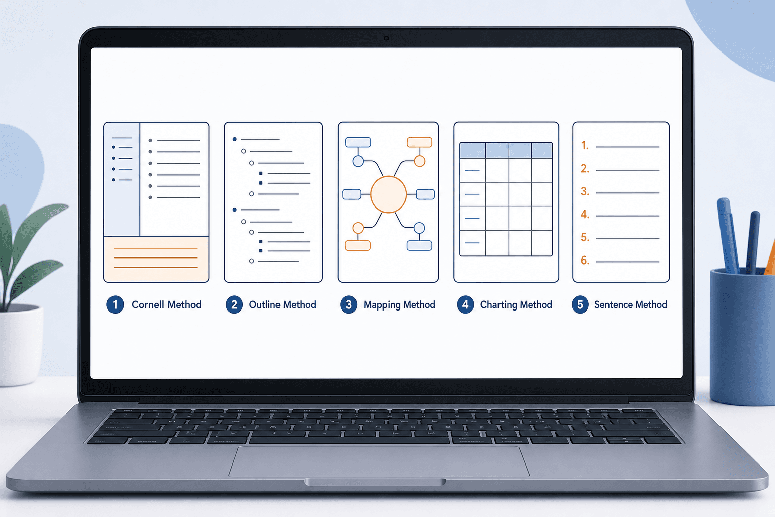 An editorial illustration comparing five classic note-taking method layouts in a horizontal row on a laptop screen: Cornell Method with a three-section page, Outline Method with hierarchical indented bullets, Mapping Method with a central node and branching connections, Charting Method with a table grid, and Sentence Method with sequential numbered lines.