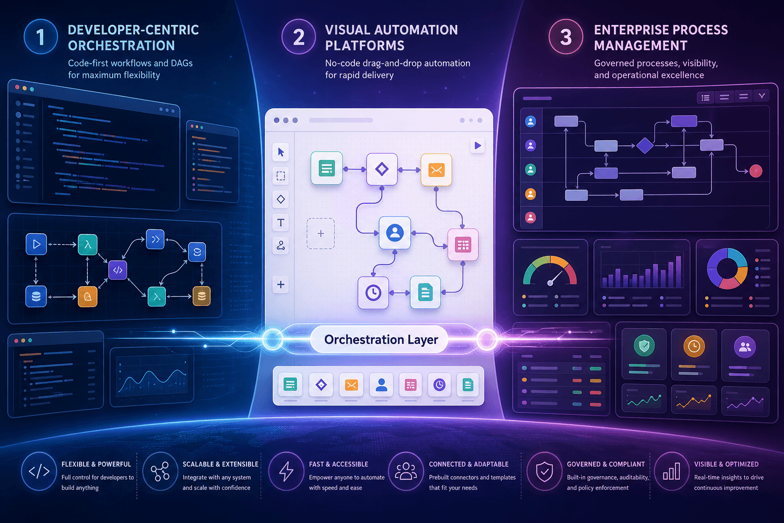 Split-hemisphere editorial infographic showing three orchestration tool categories on a blue-to-purple gradient canvas.