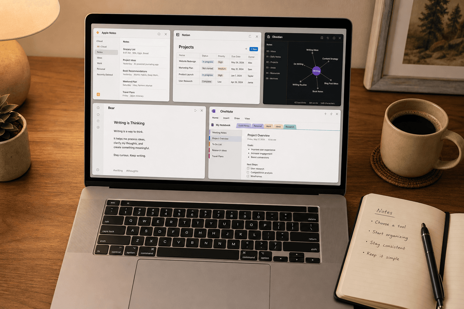 A flat-lay photograph of a MacBook on a wooden desk showing five note-taking app thumbnails on the screen, with a coffee mug, notebook, and pen beside it.