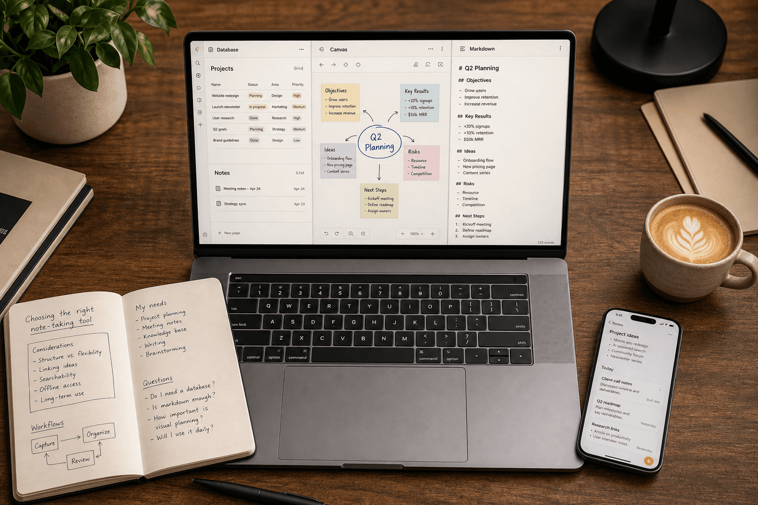 Flat-lay overhead view of a modern wooden desk workspace with a silver laptop in the center displaying split-view note-taking app interfaces, alongside an open physical notebook, a stylus pen, a ceramic coffee cup with latte art, and a smartphone showing a notes app, all under warm professional lighting.