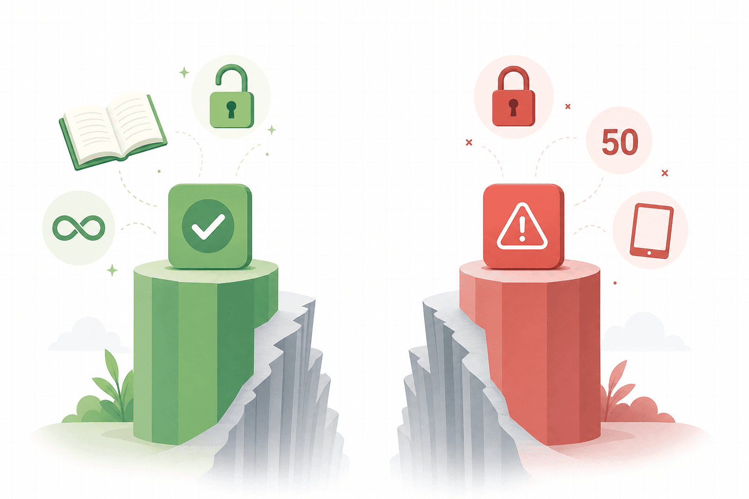 A conceptual flat vector illustration with two columns: a green column with positive symbols (open book, lock, unlimited) and a red-tinged column with restrictive symbols (warning icon, number 50, single device outline). A widening gap is shown between the two columns.