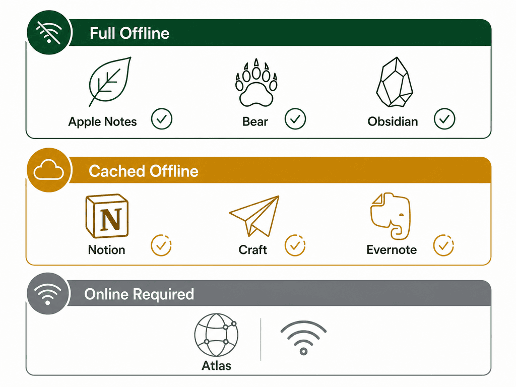 A clean editorial infographic showing three tiers of offline capability: top tier 'Full Offline' with Apple Notes, Bear, and Obsidian icons and checkmarks in green; middle tier 'Cached Offline' with Notion, Craft, and Evernote icons with partial checkmarks in amber; bottom tier 'Online Required' with an Atlas globe icon and wifi symbol in gray.