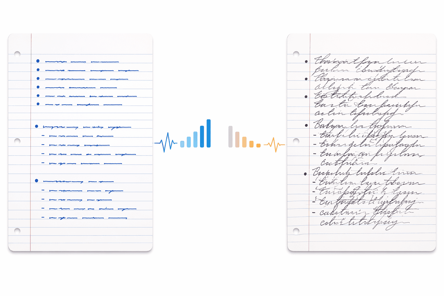 Side-by-side comparison of neat printed handwriting with strong accuracy signal bars on the left and messy cursive handwriting with weaker signal bars on the right.