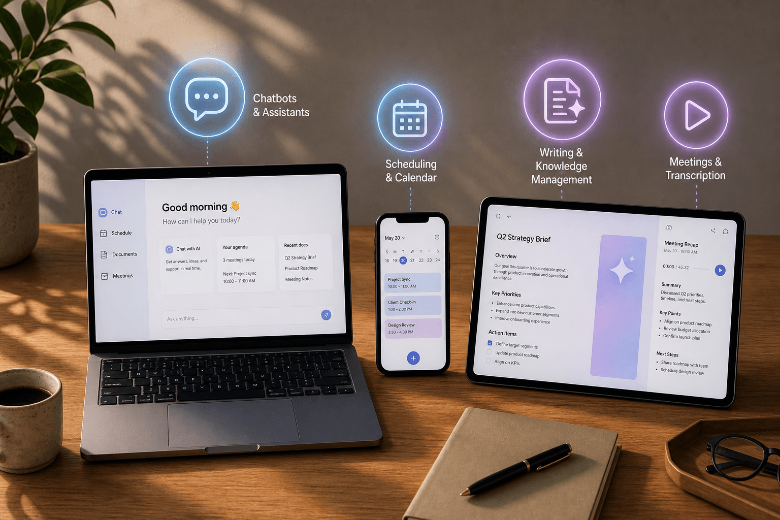 A flat-lay desk with a laptop, smartphone, and tablet arranged on wood surface, with glowing blue-to-purple holographic icons hovering above each device — a chat bubble, calendar, document with sparkle, and play button — representing connected AI productivity tool categories.