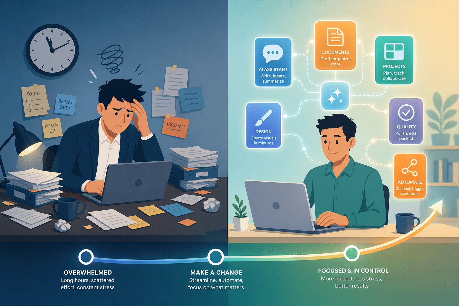 Split-screen illustration: left side shows a stressed professional at a messy desk, right side shows the same person calm at a clean desk with floating AI tool icons connected by workflow lines.