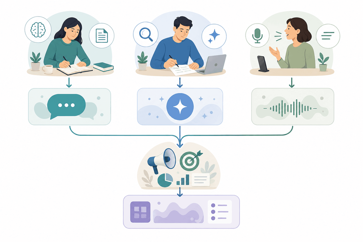 A warm minimalist decision framework illustration with three pathways: a brain and document icon path leading to a general chatbots zone for research and long-form writing, a magnifying glass and sparkle path leading to a grammar and polish tools zone for editing, and a microphone and speed lines path leading to a voice-to-text zone for fast dictation, with a fourth arrow below pointing to a marketing campaign icon for branded content platforms, all connected by curved arrows on a muted teal and sage green background
