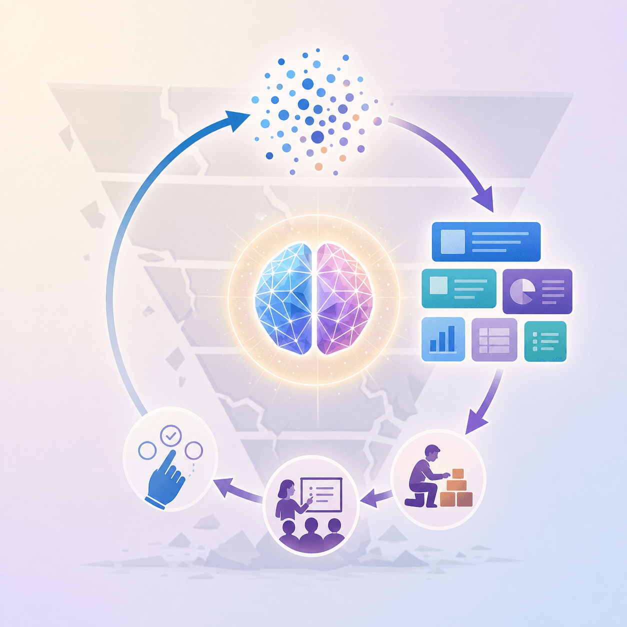 A circular knowledge cycle illustration showing data flowing into information, then into knowledge, then into action, with feedback arrows returning from action back to data.