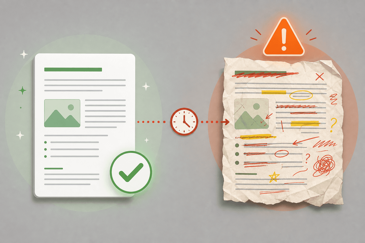 Split illustration: left side shows a clean document with a green checkmark; right side shows the same document with red strike-throughs, yellow corrections, and a clock icon symbolizing time spent on rework.