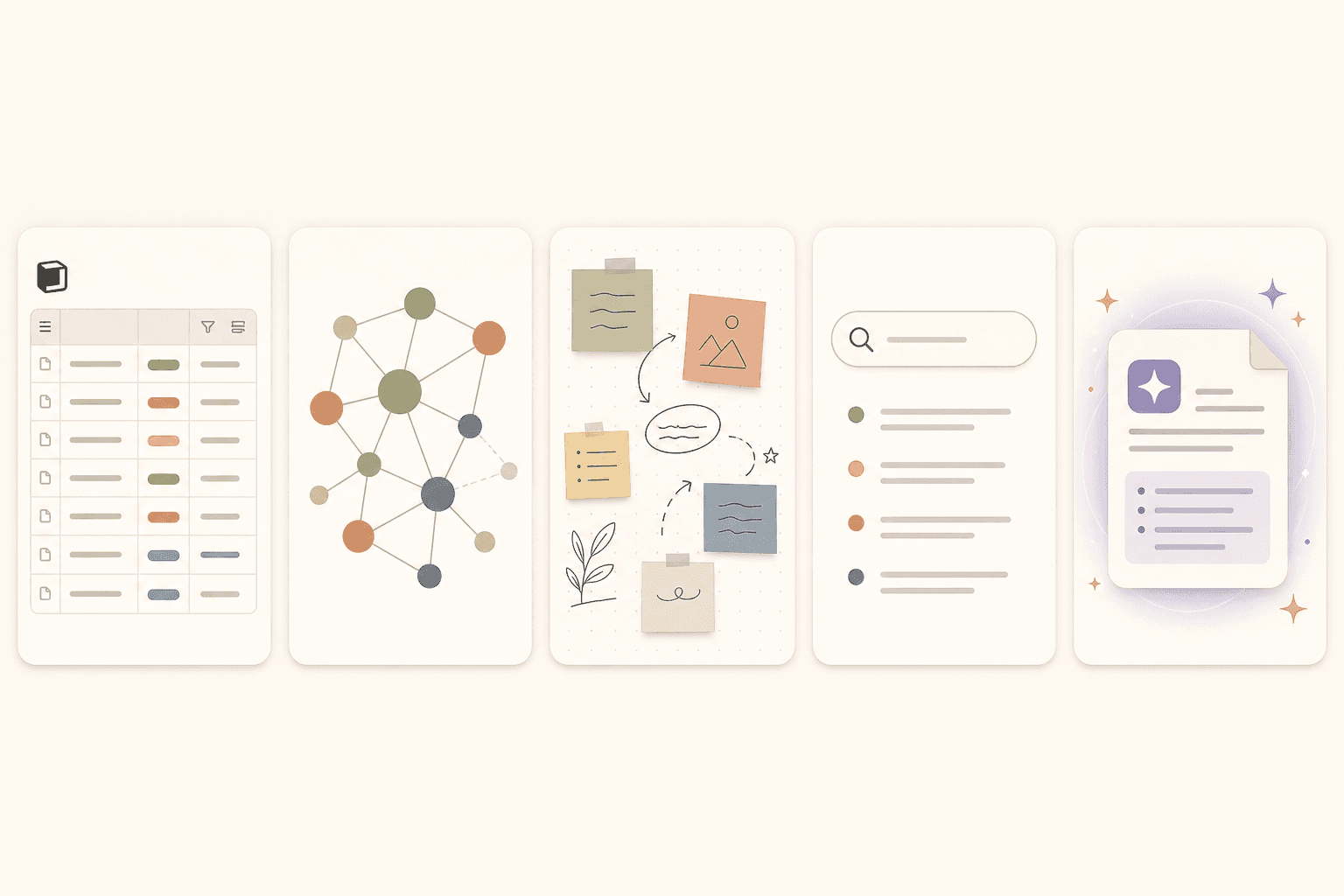 Five rounded card icons representing distinct note-taking retrieval styles: a database grid, a connected knowledge graph network, a free-form canvas with sticky notes, a search box with magnifying glass, and a document with sparkle icons.