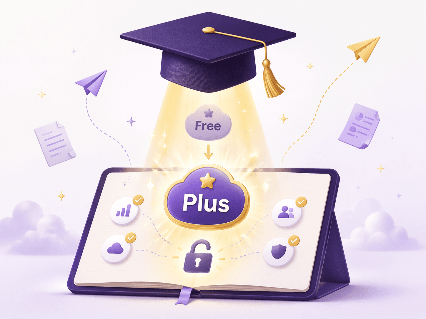 An editorial illustration of a graduation cap floating above an open notebook screen, with a beam of light transforming a Free badge into a Plus badge, surrounded by an unlocked padlock and checkmark icons.