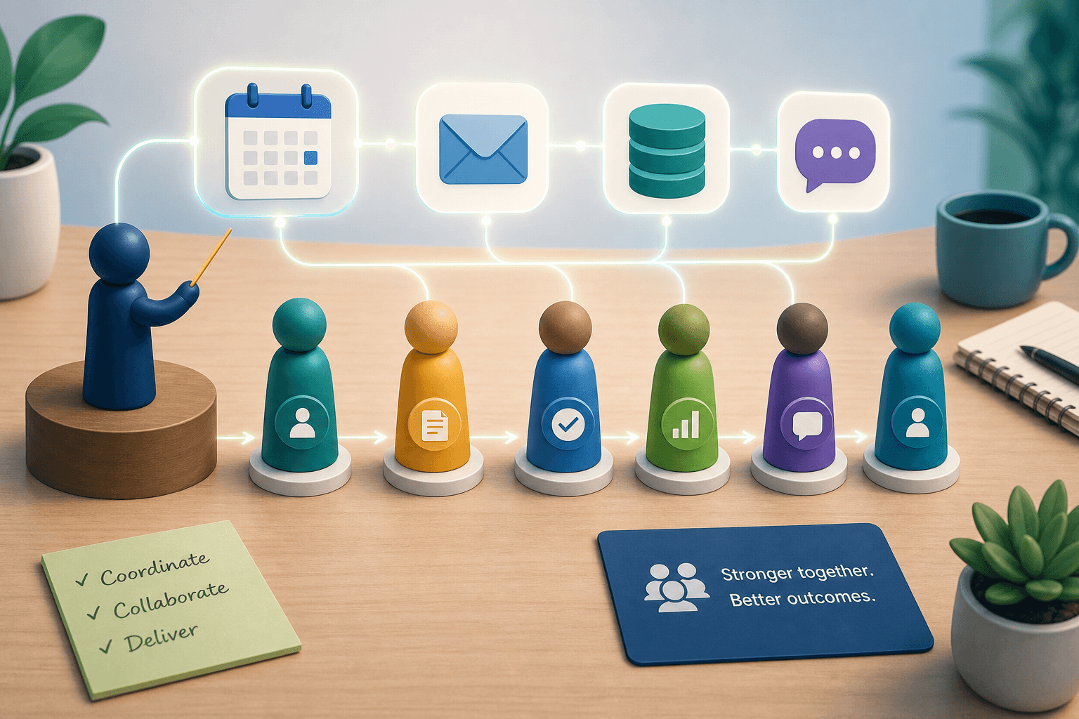 Flat vector illustration of a tabletop scene with diverse abstract figurines arranged in a coordinated sequence connected by glowing lines, with one figure at a podium conducting the flow and simplified app icons in the background linked by light trails in warm blues and greens.