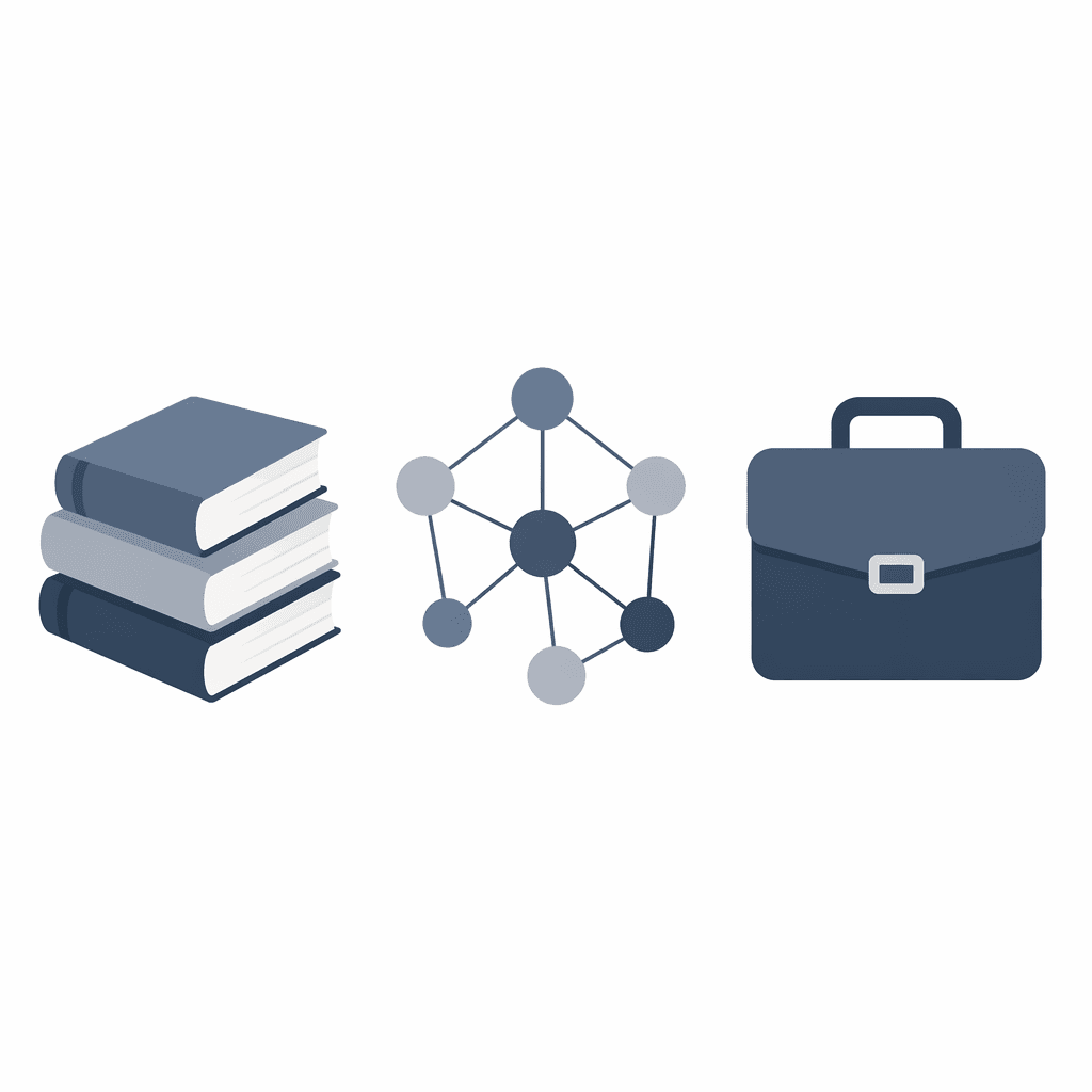 Three minimalist flat vector icons arranged horizontally: stacked books representing hierarchical filing, connected nodes representing linked note-taking, and a briefcase representing organizational knowledge management.