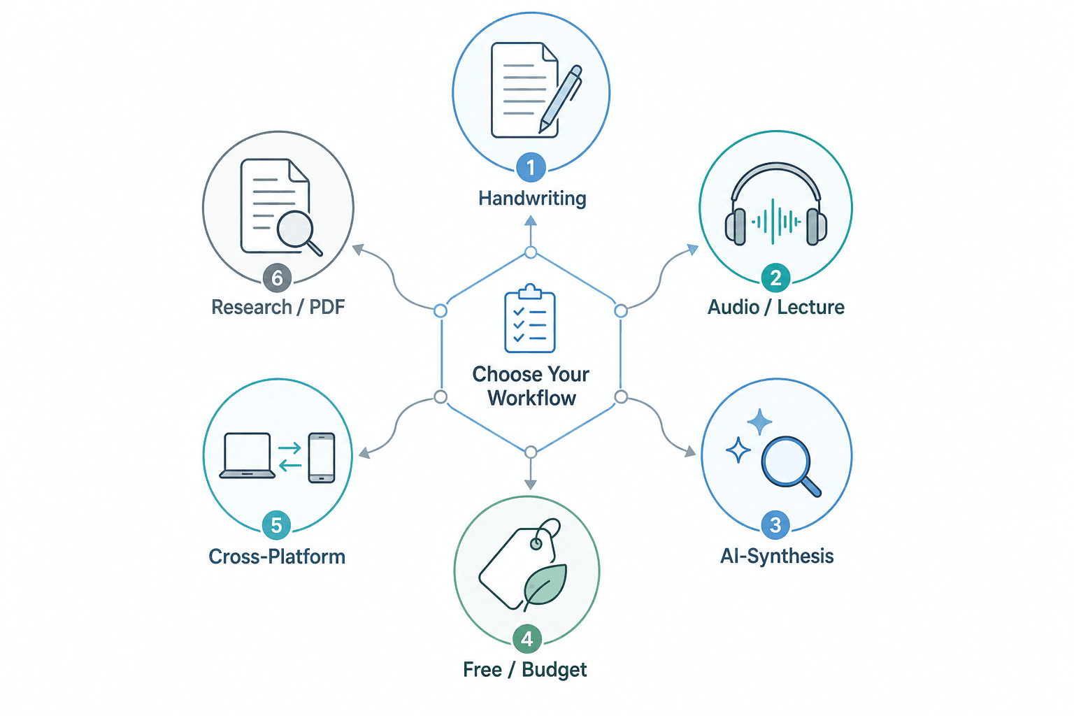 A radial diagram showing six workflow use-case categories: Handwriting, Audio/Lecture, AI-Synthesis, Free/Budget, Cross-Platform, and Research/PDF, connected by flowing lines.