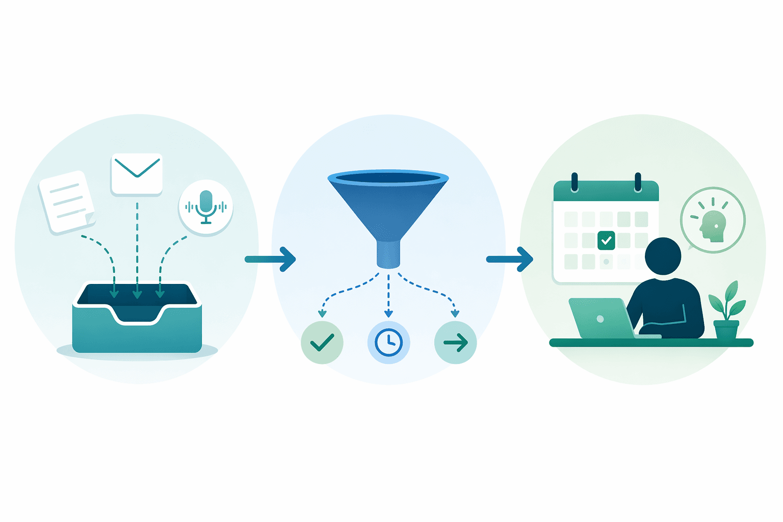 A left-to-right flat illustration of a capture-to-execute productivity pipeline with three stages: a capture inbox tray gathering scattered note, email, and voice-memo icons; a triage funnel with three branching paths; and an execute stage showing a calendar and a focused-person-at-desk icon, in a teal-blue-green editorial style.