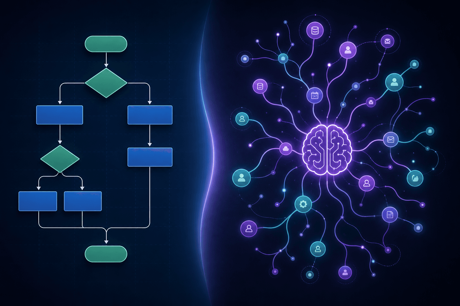 Split-view illustration comparing a traditional flowchart on the left with an AI-native glowing network on the right.