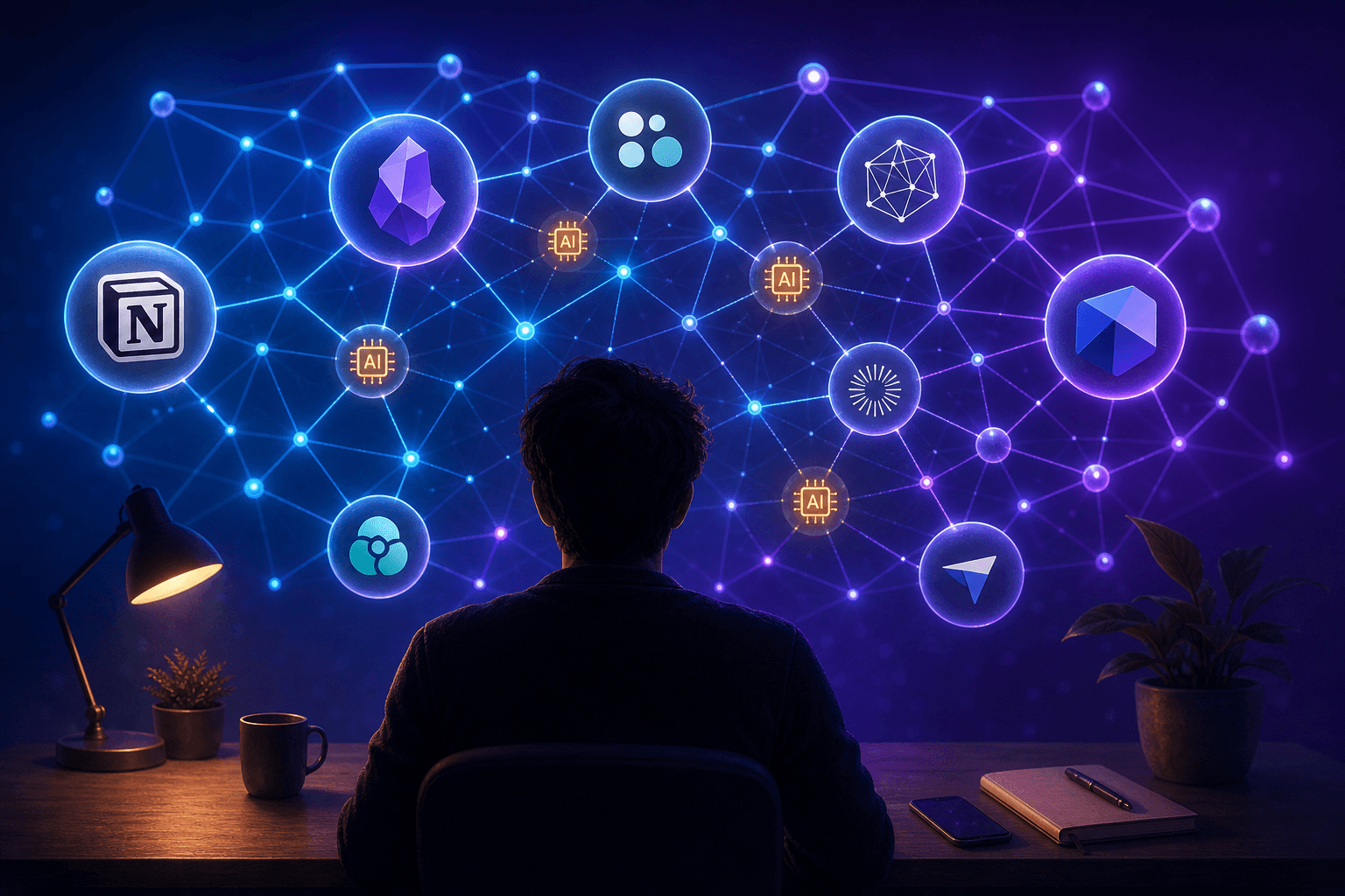 A silhouetted knowledge worker surrounded by a glowing knowledge graph of interconnected PKM tool nodes.