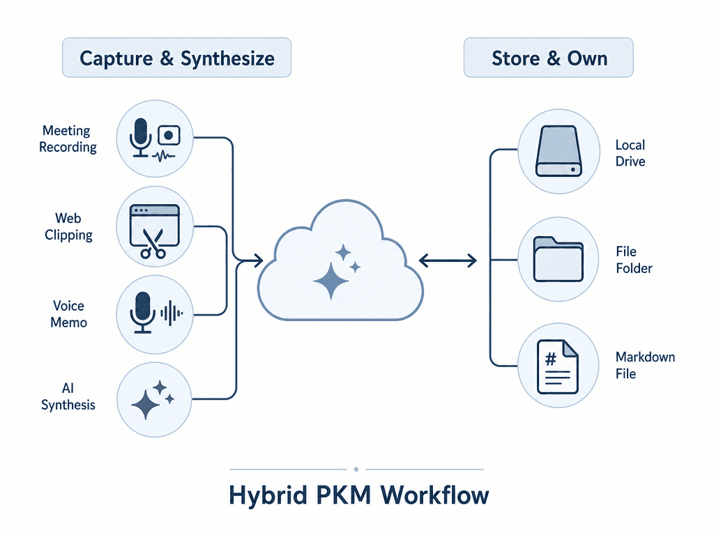 A workflow diagram showing a two-path hybrid PKM system. Left path labeled 'Capture & Synthesize' flows through meeting, web clipping, and voice memo icons into a cloud shape with an AI sparkle. Right path labeled 'Store & Own' shows a hard drive, folder, and markdown file icon. A bidirectional arrow connects both paths.