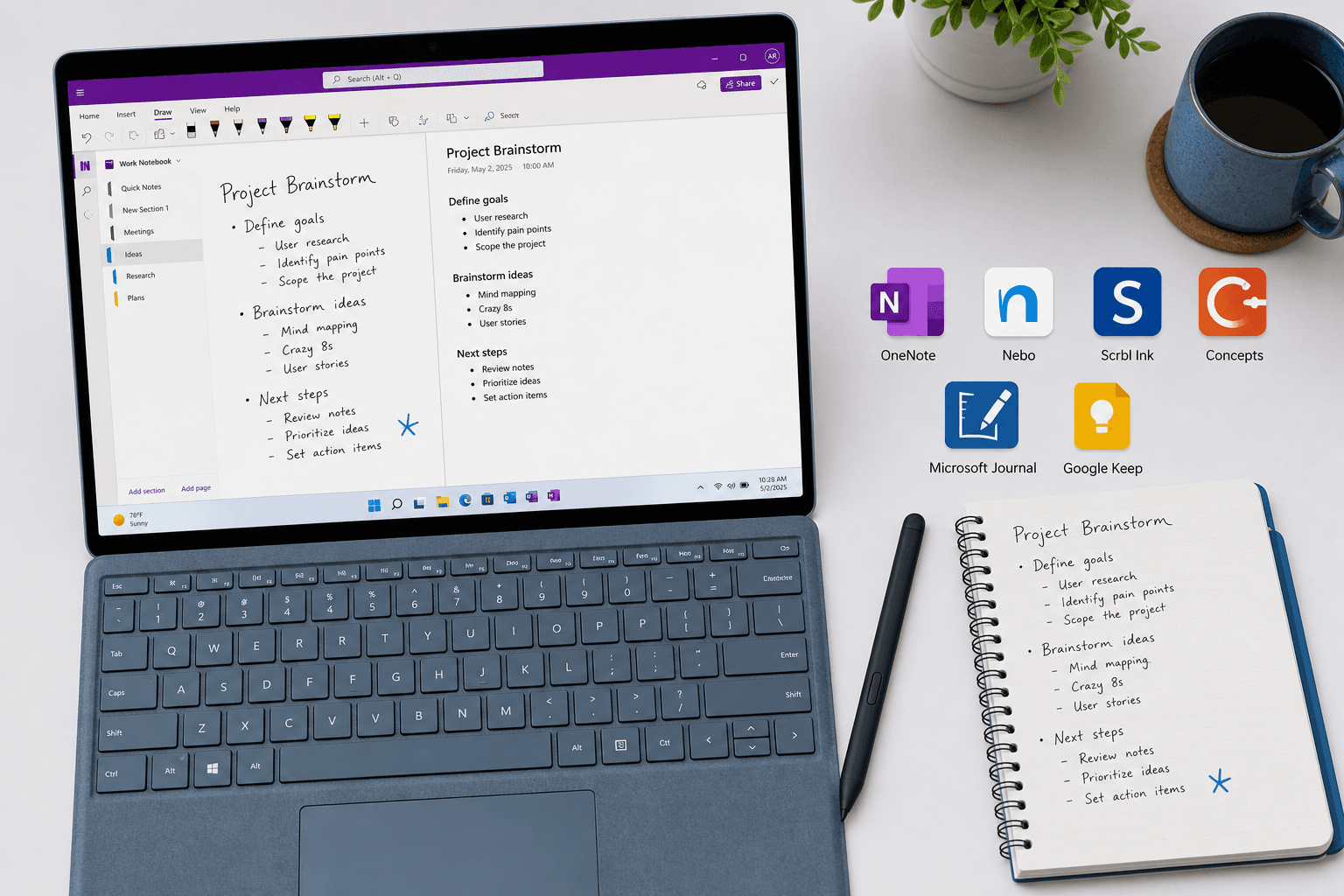 Flat-lay desk scene showing an open Windows 11 laptop with a split-view note-taking screen, a Surface Pen stylus resting beside it, a physical notebook with handwritten notes, and six app icons arranged around the laptop.
