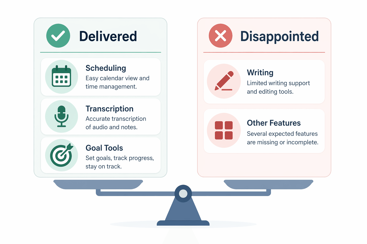 A flat vector comparison illustration with two columns. Left column labeled 'Delivered' with a green checkmark shows generic app icons for scheduling, transcription, and goal tools. Right column labeled 'Disappointed' with a muted red X shows generic app icons for writing and general features. A balance beam connects the two columns.
