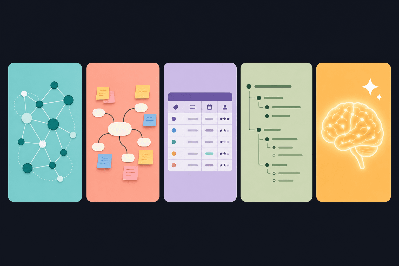 Five editorial cards representing PKM tool categories: networked note-taking, visual canvas, database-driven, outliner, and AI-native.