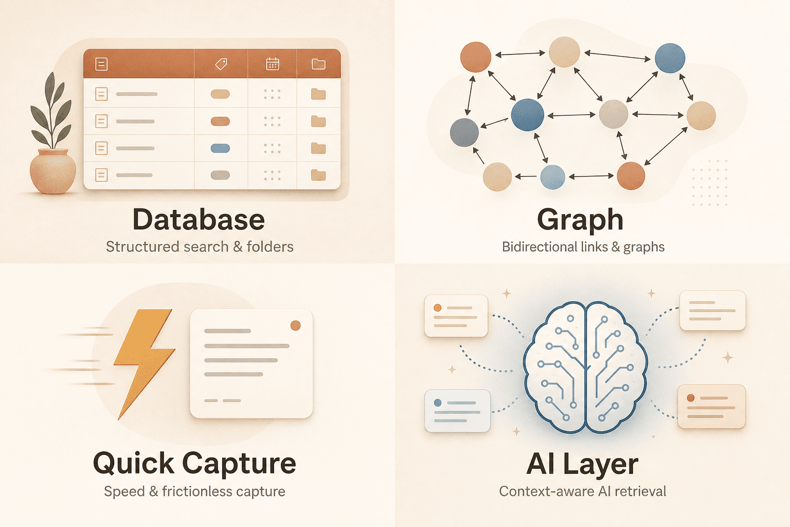 Four-quadrant infographic illustrating note-taking retrieval styles: Database, Graph, Quick Capture, and AI Layer.