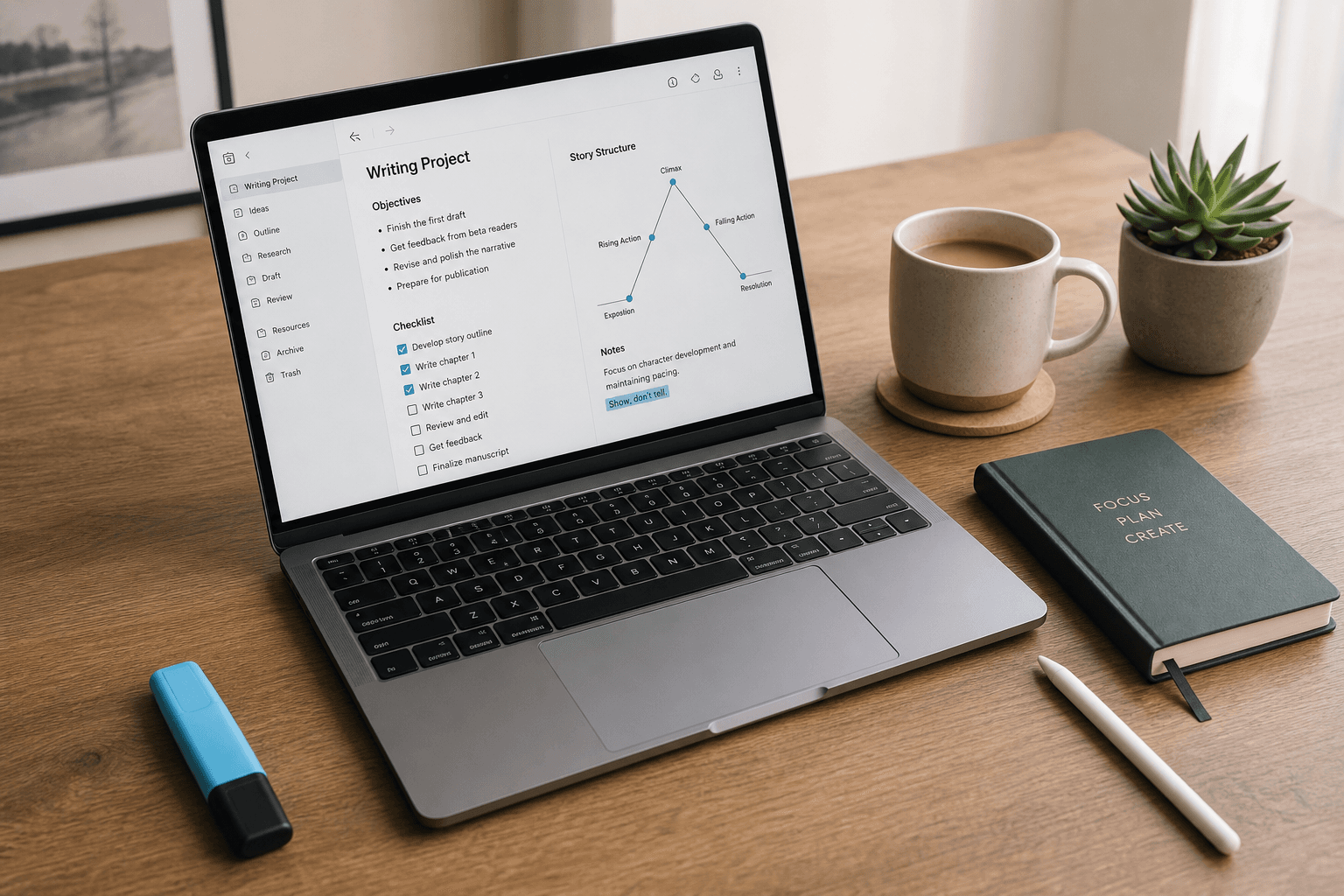 A flat-lay photograph on a wooden desk showing a laptop open to a note-taking app with typed text, a checklist, and a simple diagram, with a notebook, stylus pen, ceramic coffee cup, and small succulent plant beside it in soft natural lighting with muted earth tones and a blue highlighter accent.