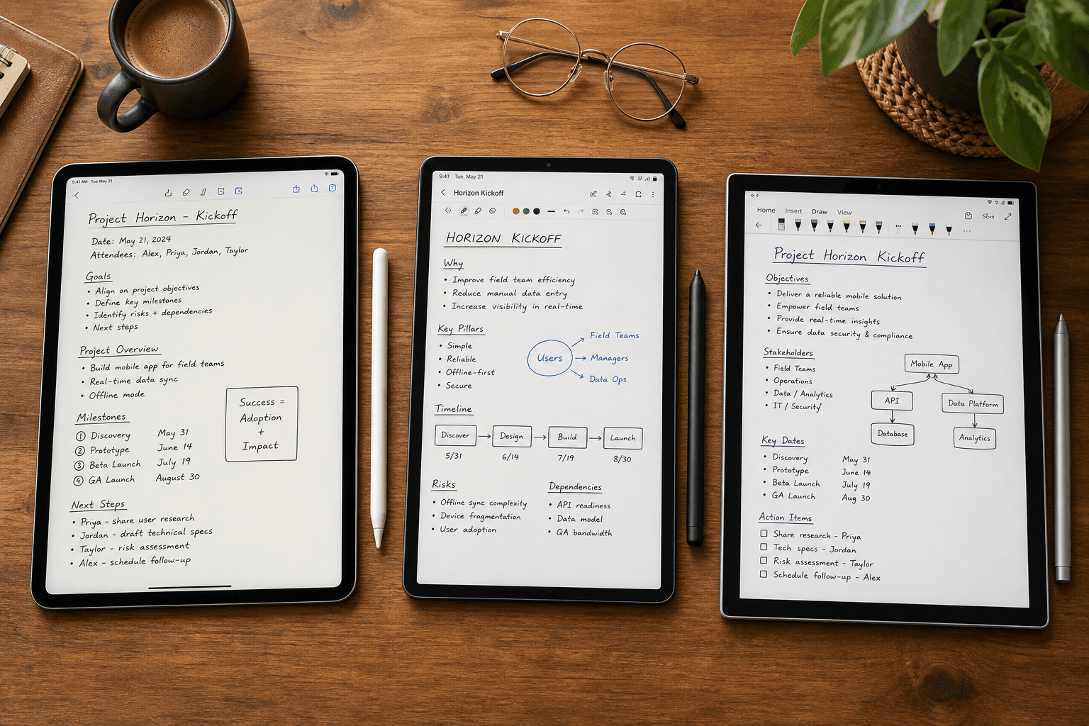 Flat-lay view of three tablets with styluses on a wooden desk, each displaying handwritten notes in different apps.