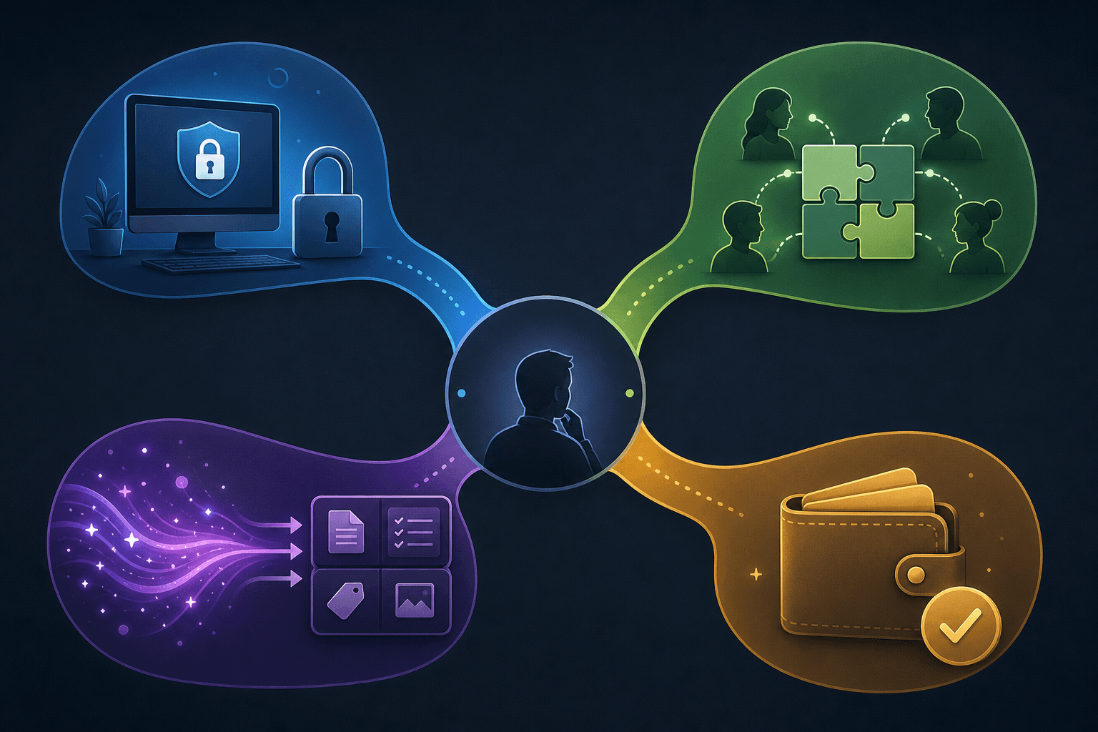 A decision framework showing four branching pathways: local privacy, team collaboration, AI workflows, and budget-friendly options.