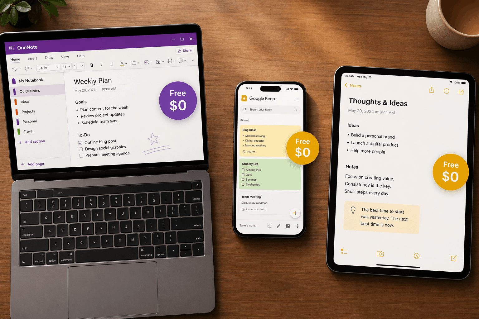 A flat-lay composition on a wooden desk showing a laptop with OneNote, a smartphone with Google Keep, and a tablet with Apple Notes, each with a Free badge overlay.
