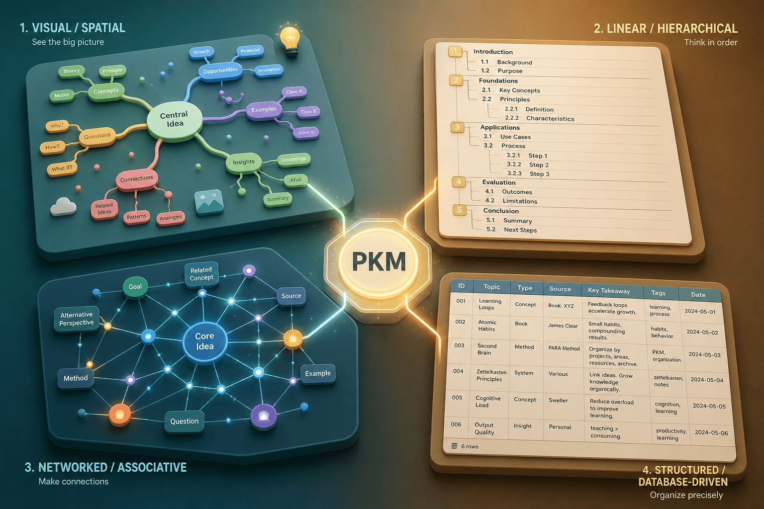 Isometric illustration showing four quadrants: a mind map for visual thinking, a numbered outline for linear thinking, a node graph for networked thinking, and a table for structured thinking, all converging on a central PKM node.