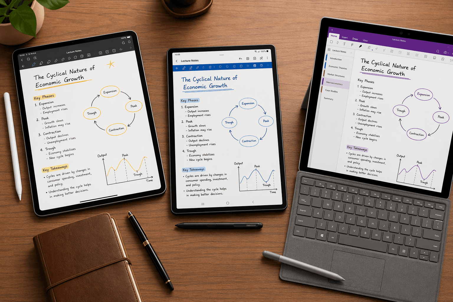 A flat-lay composition on a wooden desk showing three devices diagonally: an iPad Pro with Apple Pencil displaying GoodNotes handwritten notes, a Samsung Galaxy Tab with S Pen displaying Samsung Notes, and a Microsoft Surface with Surface Pen displaying OneNote.
