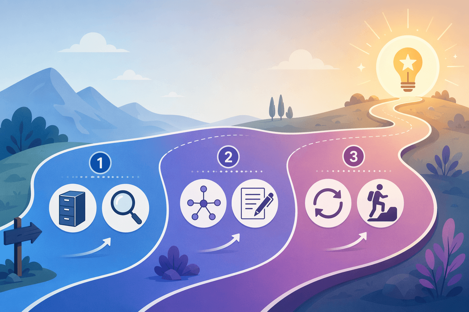 A 90-day progression roadmap split into three zones: L1 foundation, L2 thinking, and L3 output, connected by a winding path leading to a star destination.