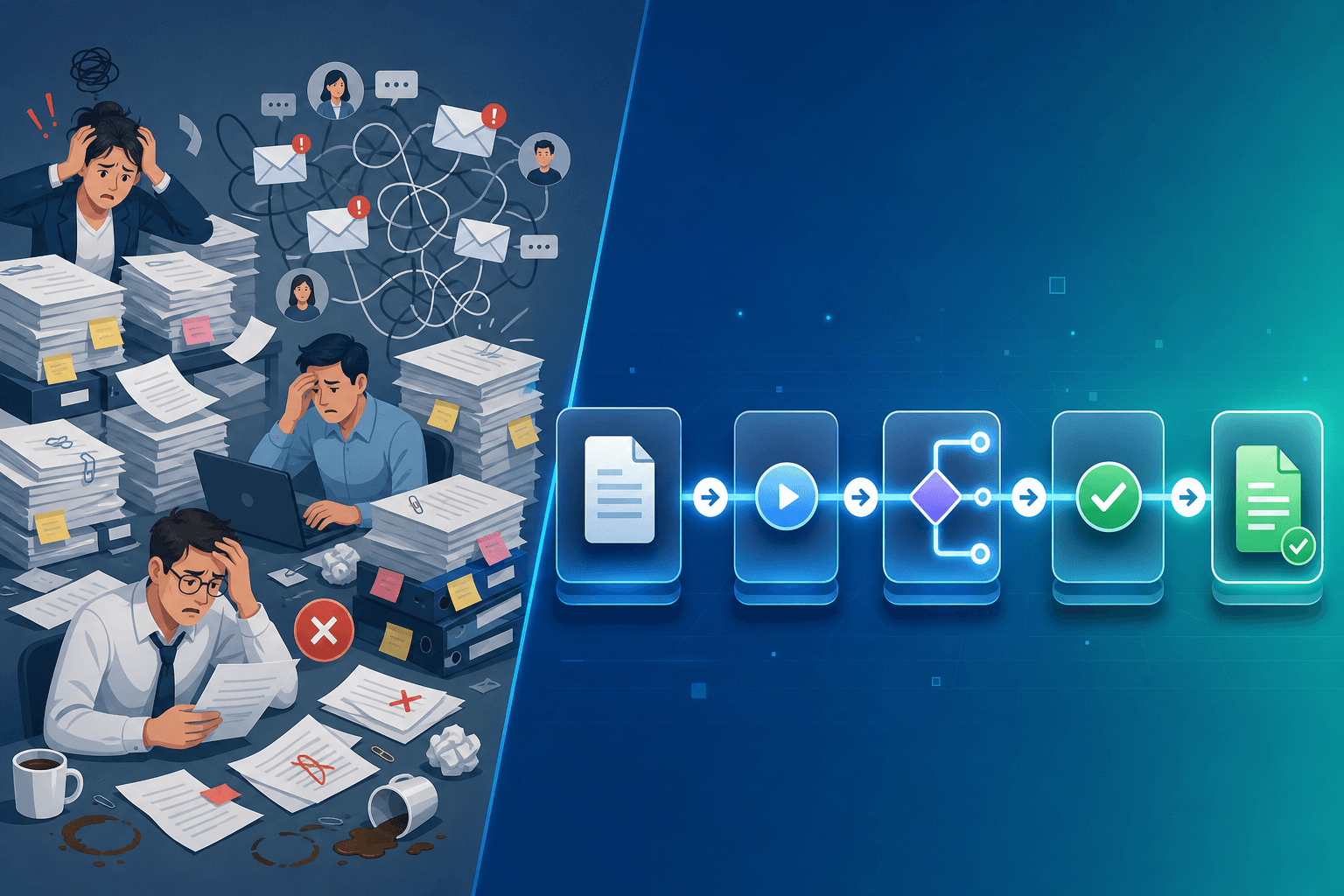 Split-screen illustration contrasting a chaotic manual document workflow with a streamlined automated digital pipeline.