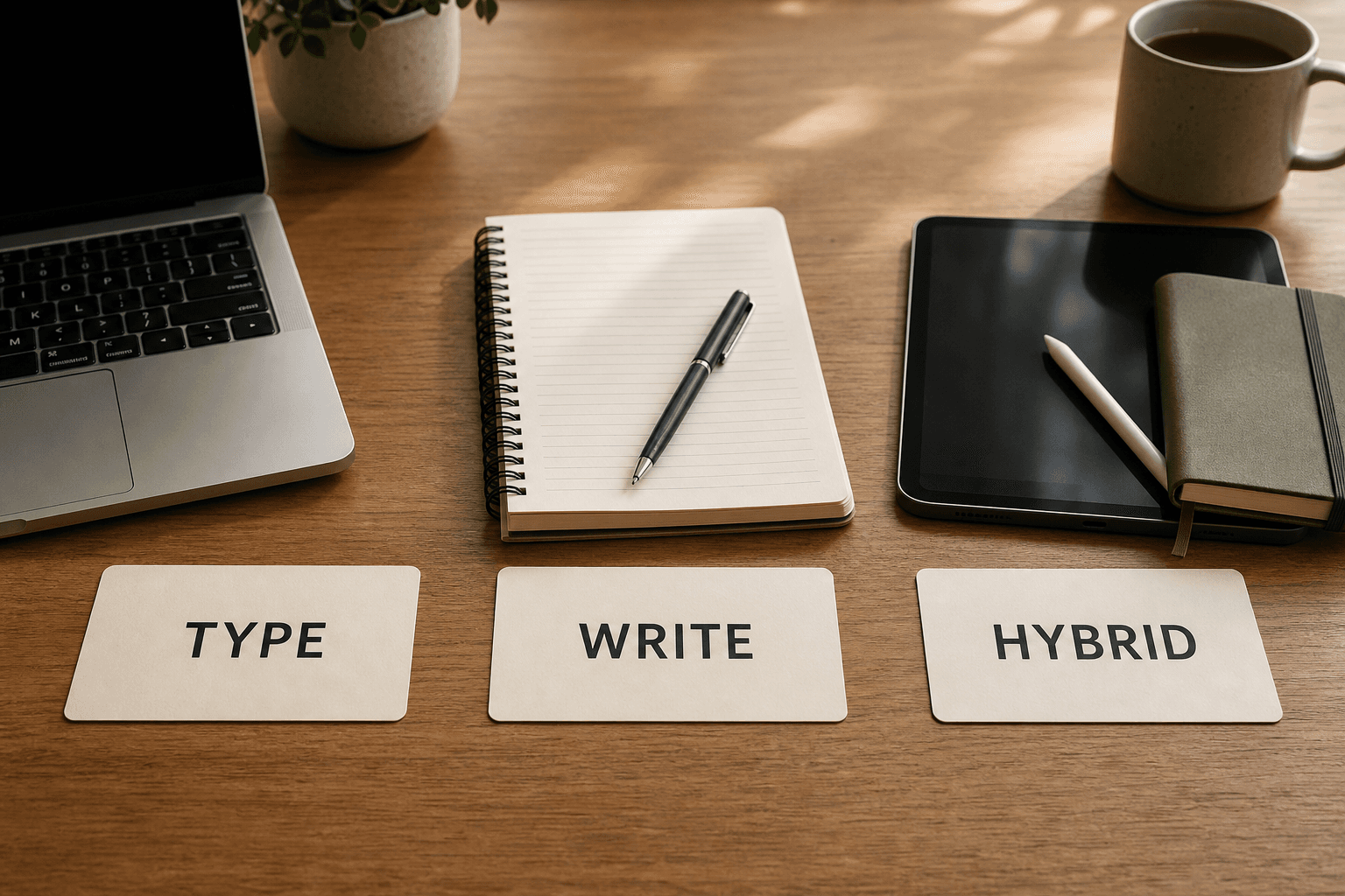 A wooden desk with three labeled zone cards arranged side by side: a 'TYPE' card beside a laptop keyboard, a 'WRITE' card beside a pen and paper notebook, and a 'HYBRID' card beside a tablet with stylus and a small notebook, under soft natural lighting.