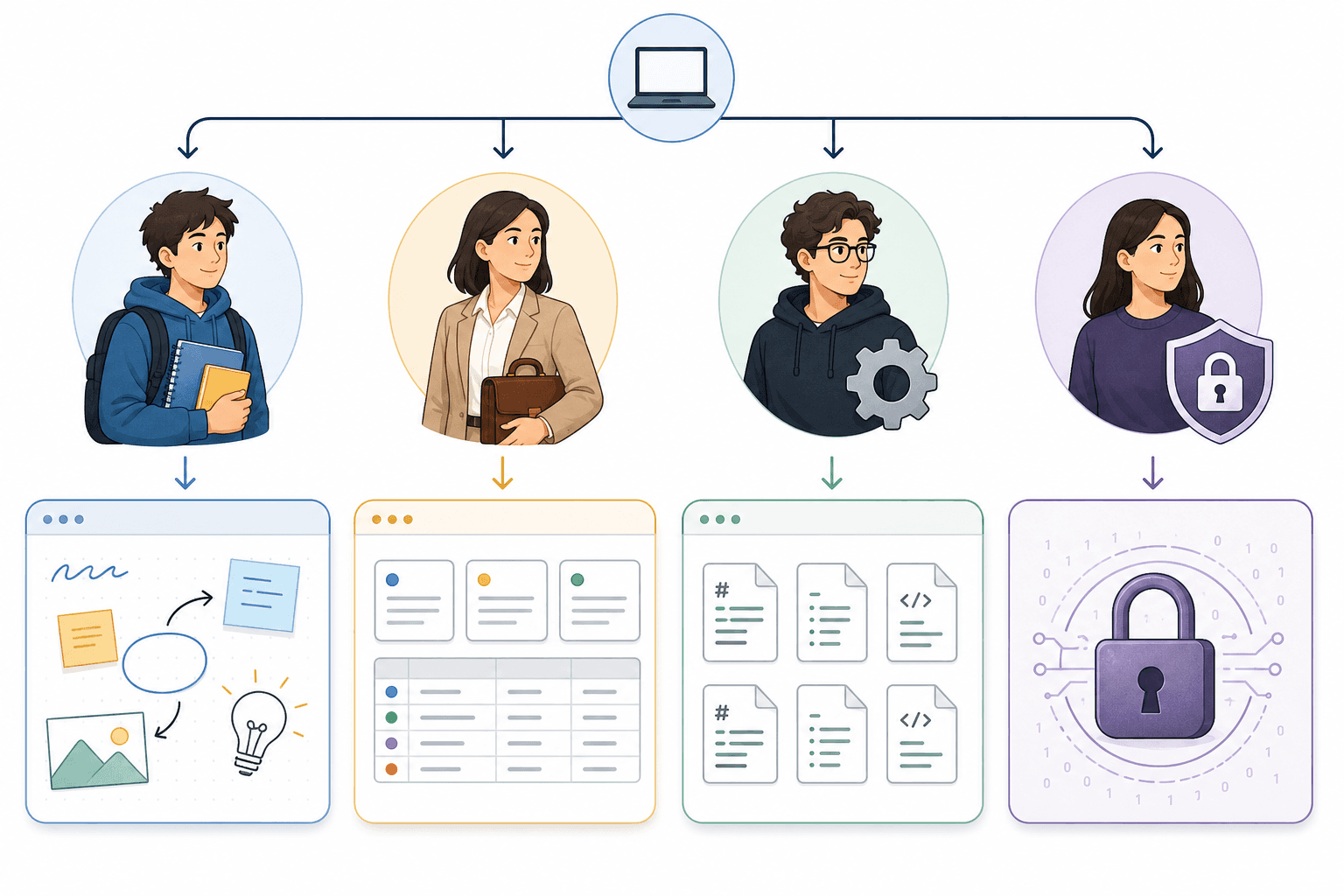 Minimalist editorial infographic with four persona icons arranged horizontally — a student, a professional, a power user with gear icon, and a privacy-focused user with shield — each connected to different note-taking visual cues like a freeform canvas, structured database, local markdown files, and an encrypted lock icon, in soft blue and warm accent colors.