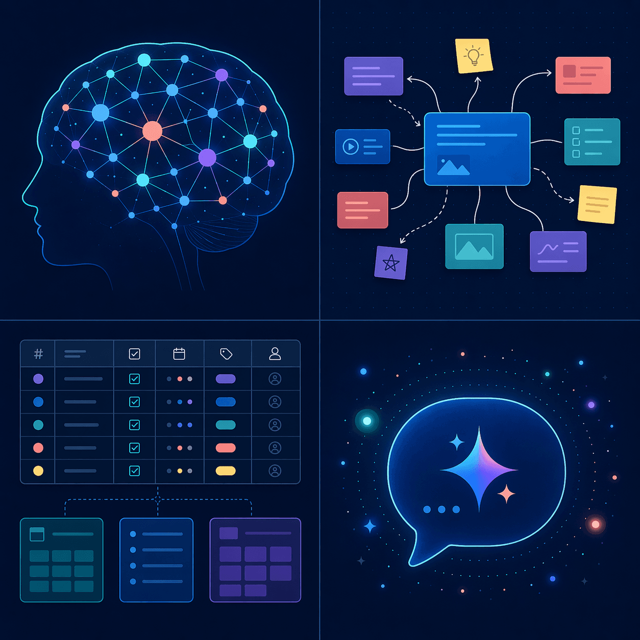 A 2x2 grid infographic on a deep navy background with cyan and coral accents showing four thinking styles: networked thought, visual/spatial thinking, structured/database thinking, and AI-native thinking.