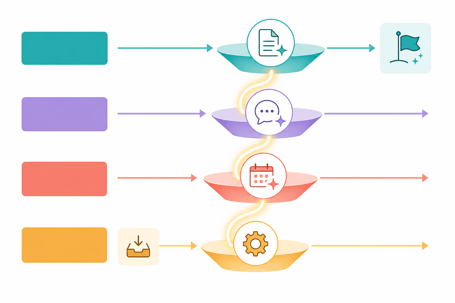 A flat vector workflow diagram with four small colored layer bars on the left and a curved glowing pathway flowing through content, communication, scheduling, and completion icons with arrow connectors, illustrating how an AI productivity workflow moves across the stack layers.